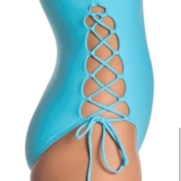 NEW RACHEL ROY Women's Aqua Stretch Side Lace-Up Sweetheart Moderate Coverage On - Picture 4 of 10